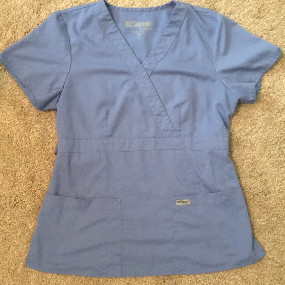 Grey’s Anatomy Ciel Blue 3 Pocket Mock Wrap Top